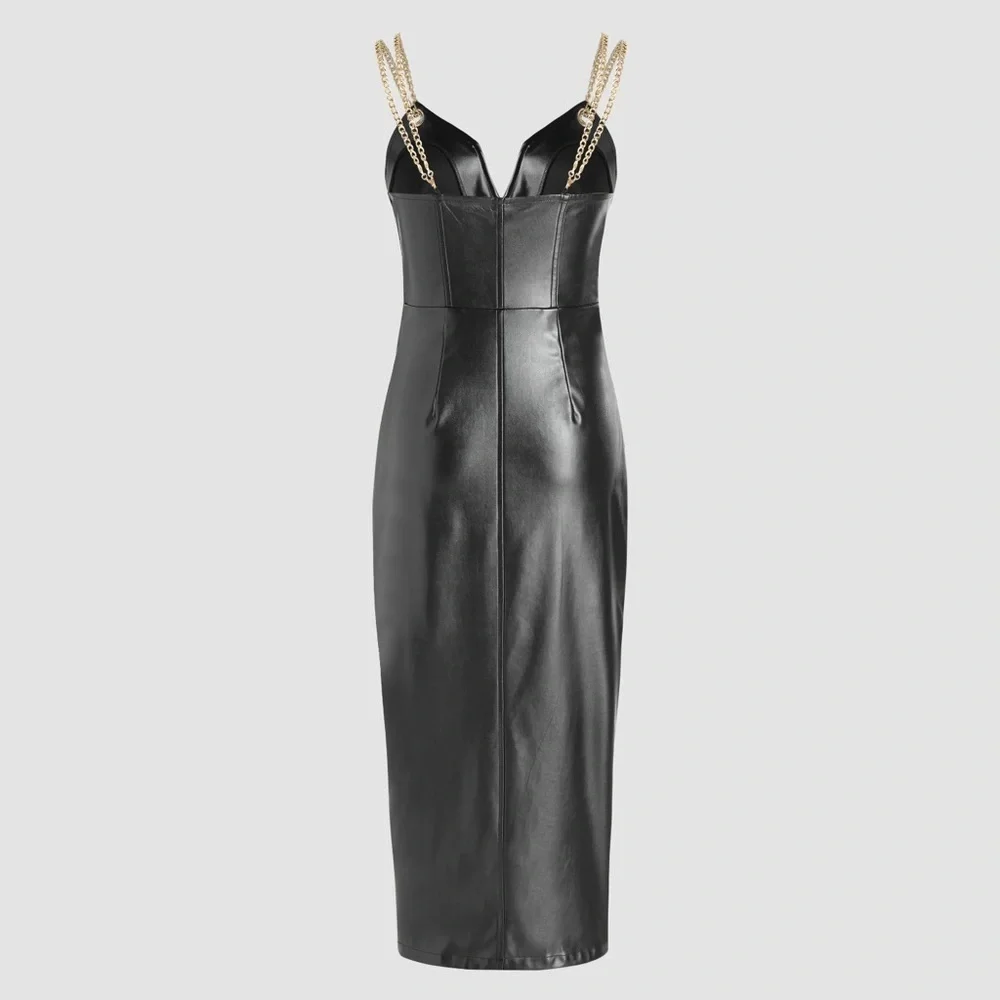 Cider Black Midi Faux Leather Dress with Gold Chain Straps - Picture 2 of 6